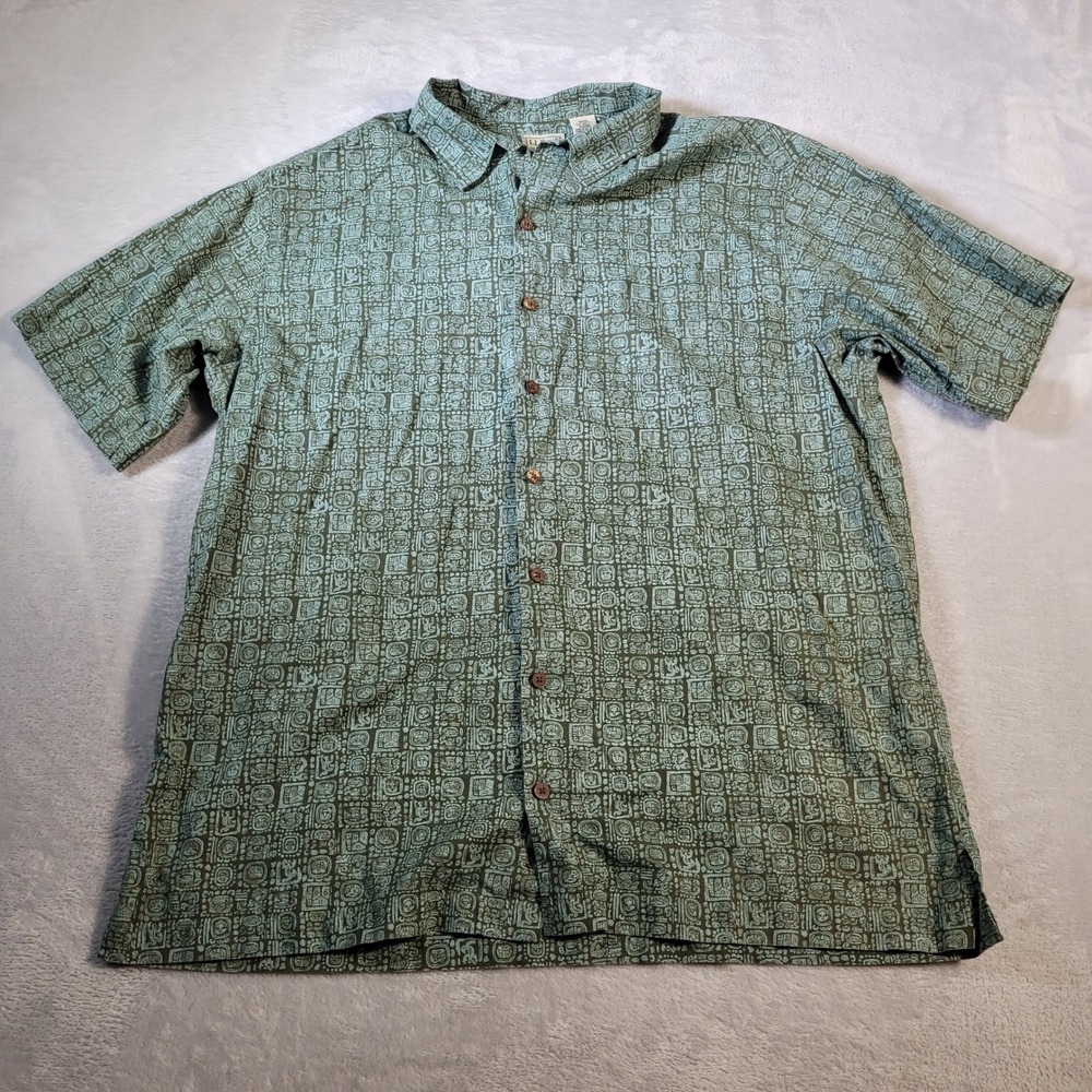 LL Bean Shirt Mens L Tall Green Mayan Aztec Glyph Print Cotton Short Sleeve